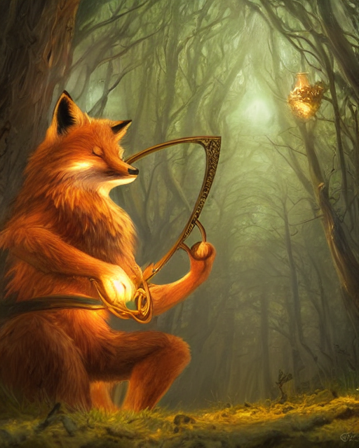 Fox, Anthropomorphized, playing lyre in magical forest, portrait, magic