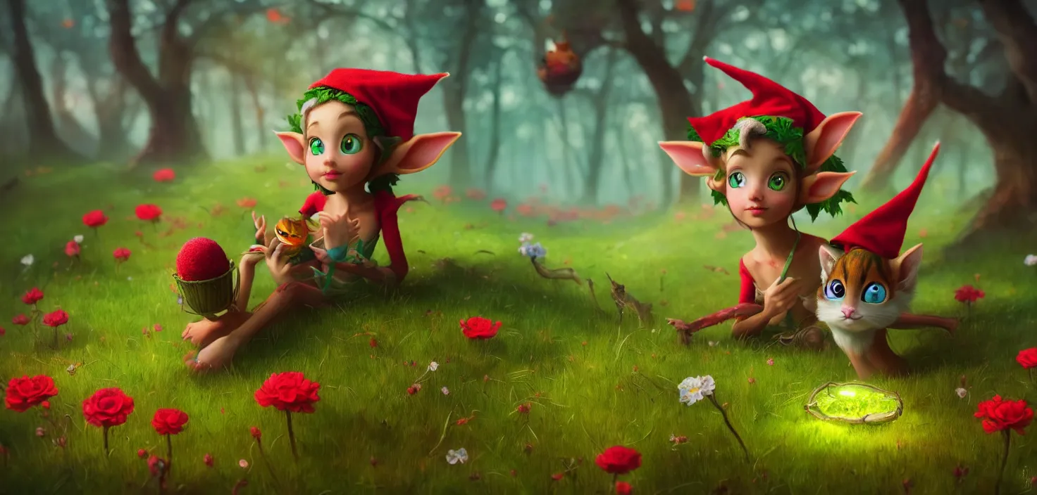 KREA - forest, cute funny elf with beauty head - cat sitting in grass