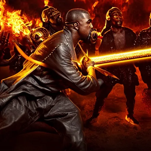 KREA - kanye west fighting against demons with his golden sword in hell ...
