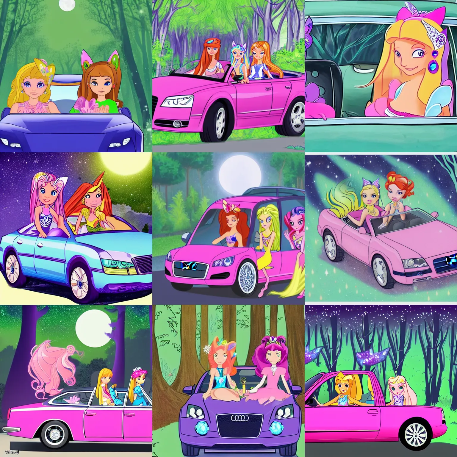 KREA winx club flora and stella sitting in an Audi A80 B4, driving