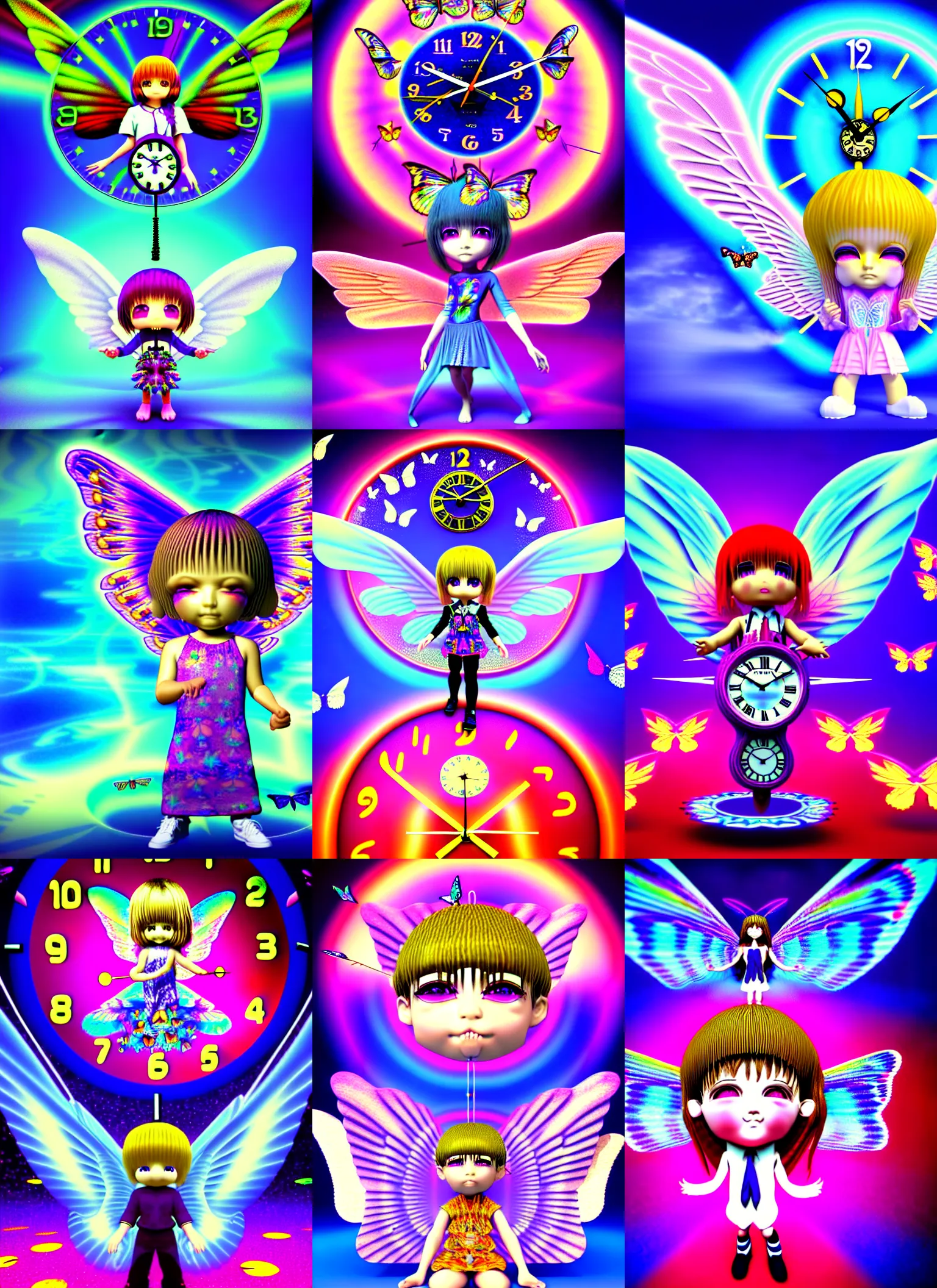 KREA 3 d render of chibi clock time wizard with angel wings against a