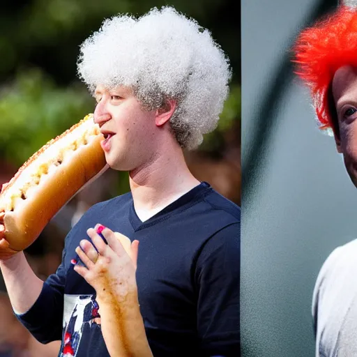 KREA mark zuckerberg wearing a clown wig and eating an hot dog