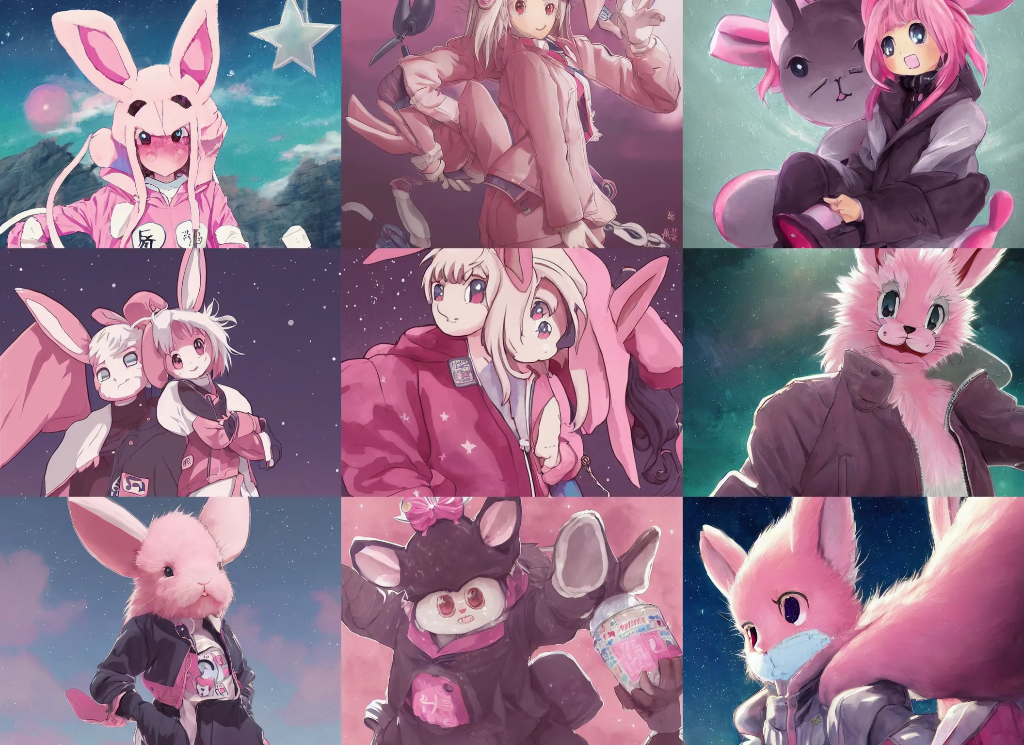 KREA official artwork of a half human, anime pink rabbit wearing a