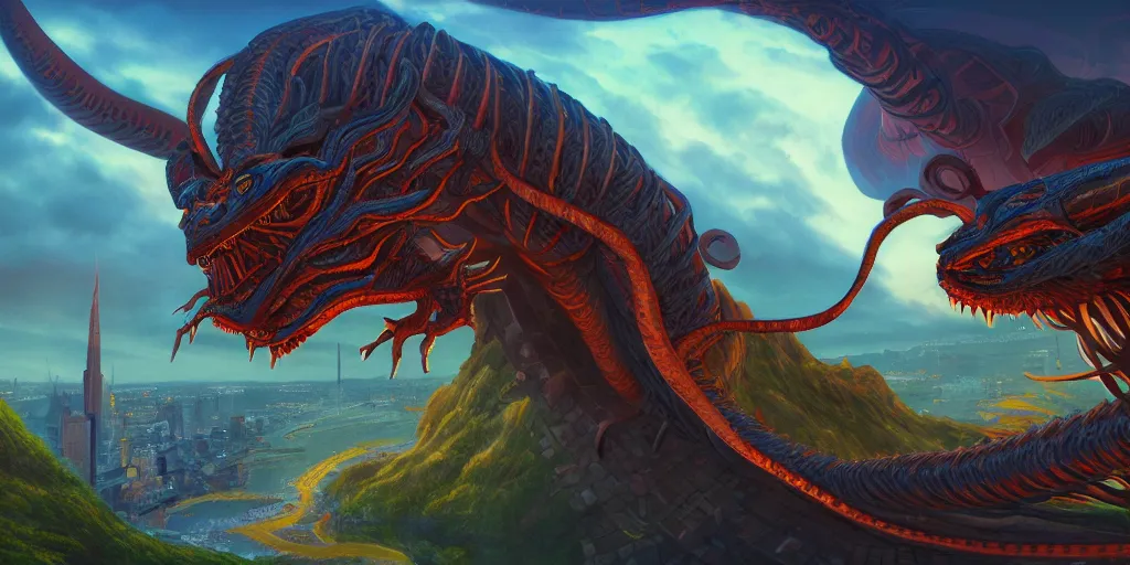 KREA roko's basilisk, by Naomi Okubo, landscape, dramatic lighting, high contrast colors