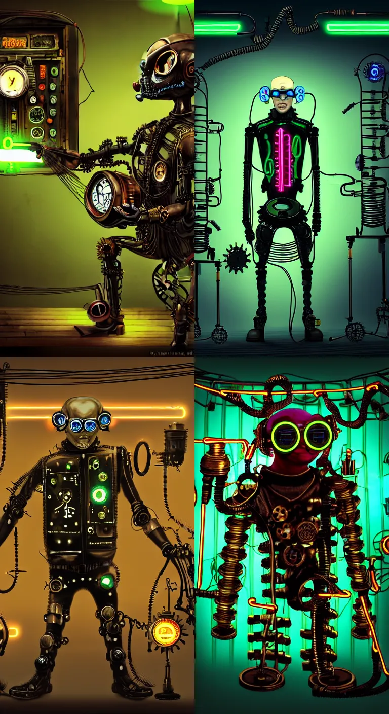 KREA a bald cat man in toxic steampunk glasses and with neon alien