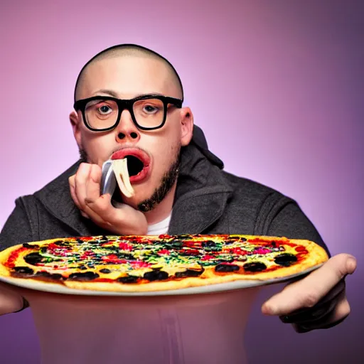 KREA Anthony Fantano eating a licorice pizza, studio lighting, uhd
