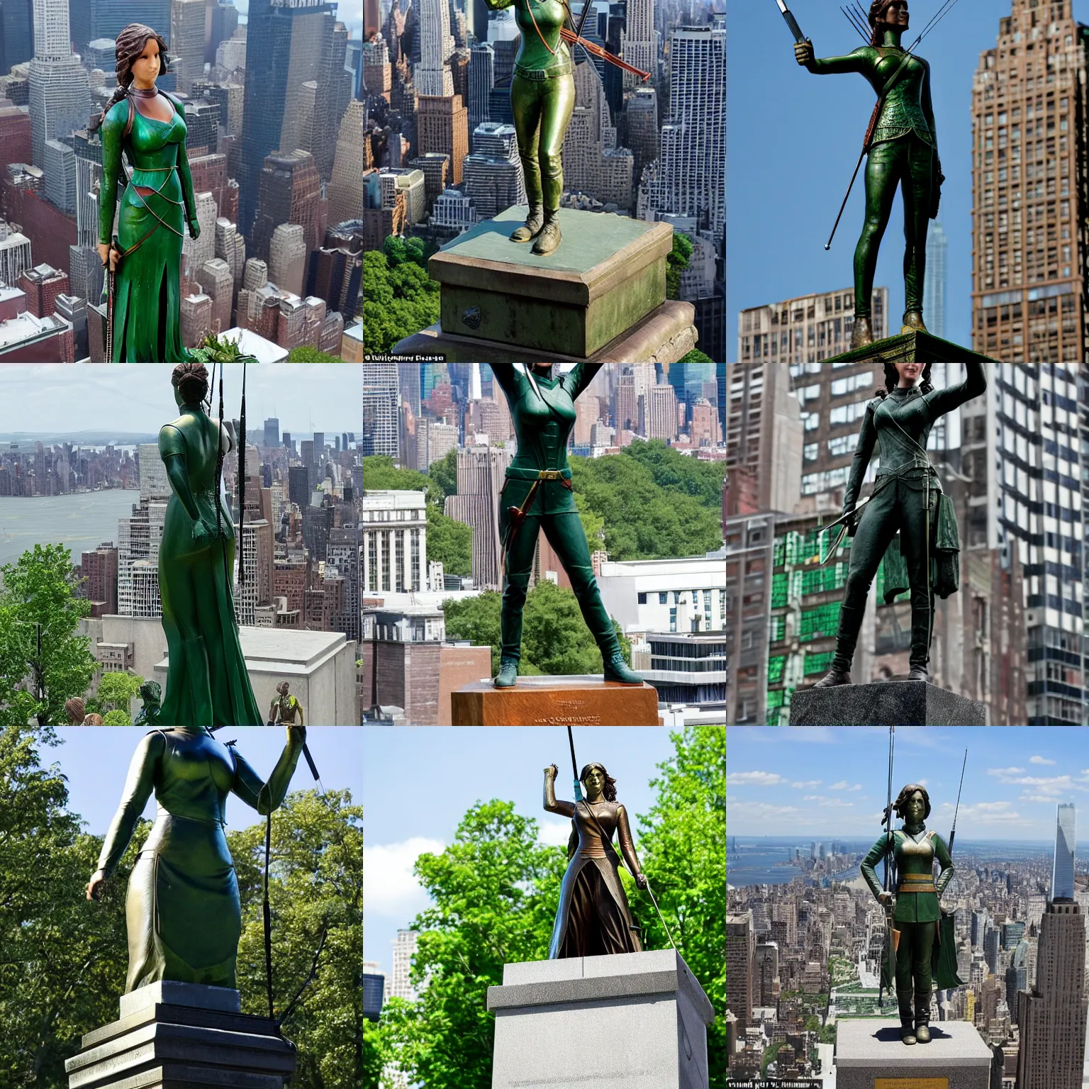 KREA the green copper statue of katniss everdeen stands atop a large
