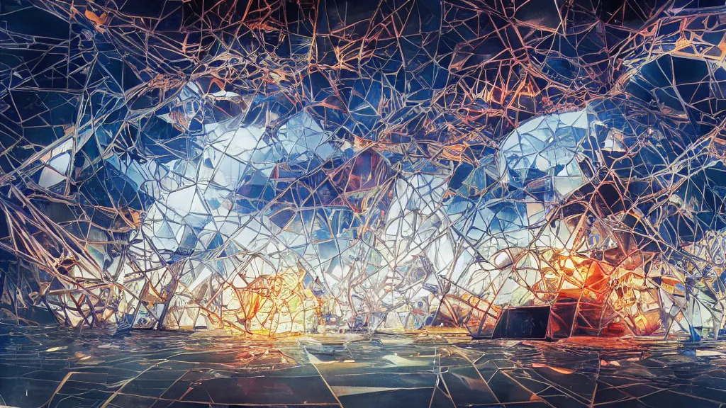 KREA an array of tesla coils inside a shattered glass dome, frank