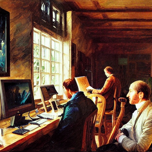 KREA Several people are typing on their computers by james gurney and