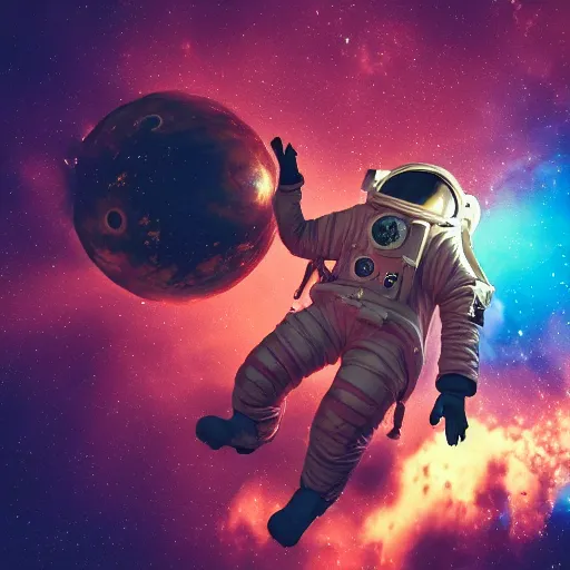 KREA A dieselpunk astronaut floating alone in deep space, lush vivid