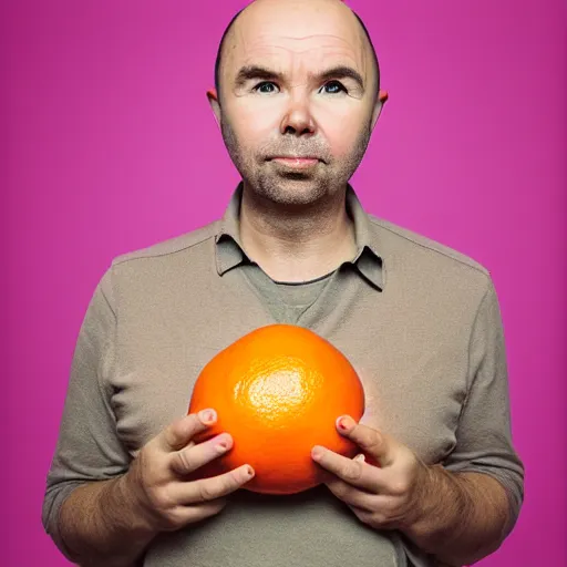 KREA award winning portrait of Karl Pilkington holding an orange, on