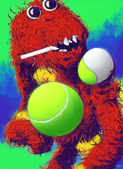 KREA tennis ball monsters playing tennis, a tennis ball monster