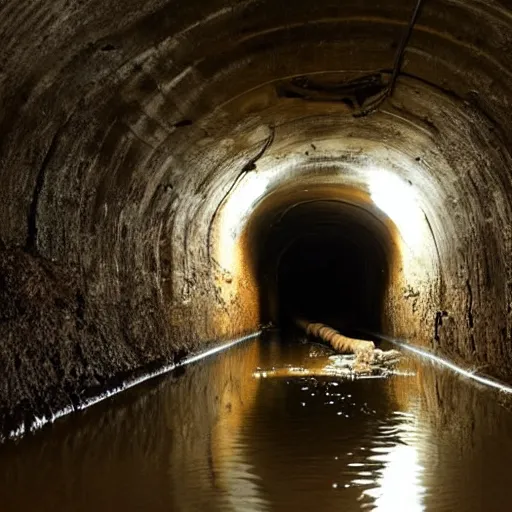 KREA deep underground tunnel, flooded, dirty water, dense rusty pipes