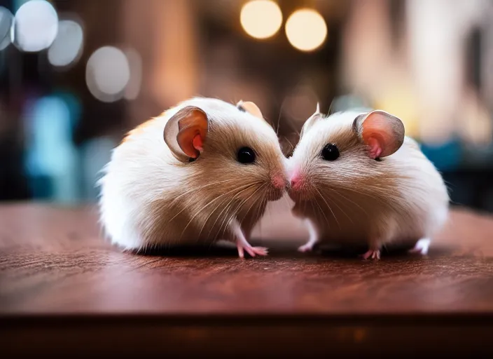KREA photo of a hamsters on a date, kissing, at night, romantic