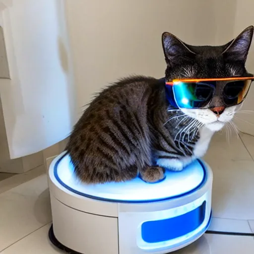 KREA cat wearing sunglasses, cat sitting on top of roomba, reflective