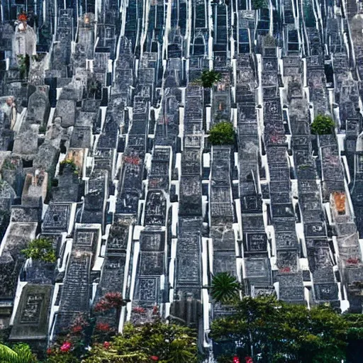KREA ariel photo of a city made of mausoleums hong kong cemetery