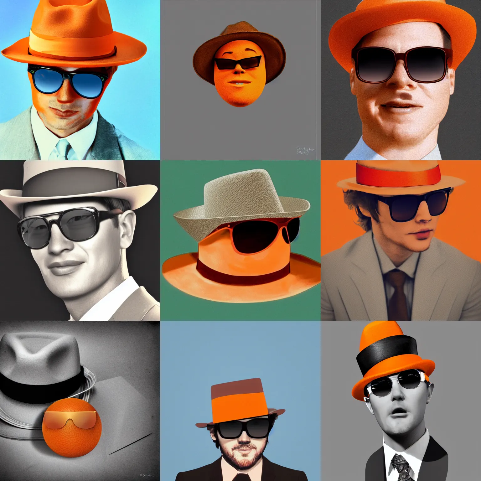 KREA an orange wearing a fedora and sunglasses in the 1970's
