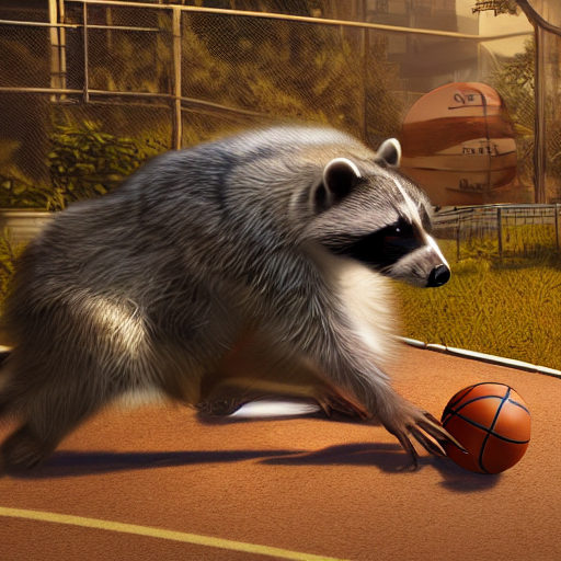KREA racoon playing basketball, unreal engine, trending on artstation