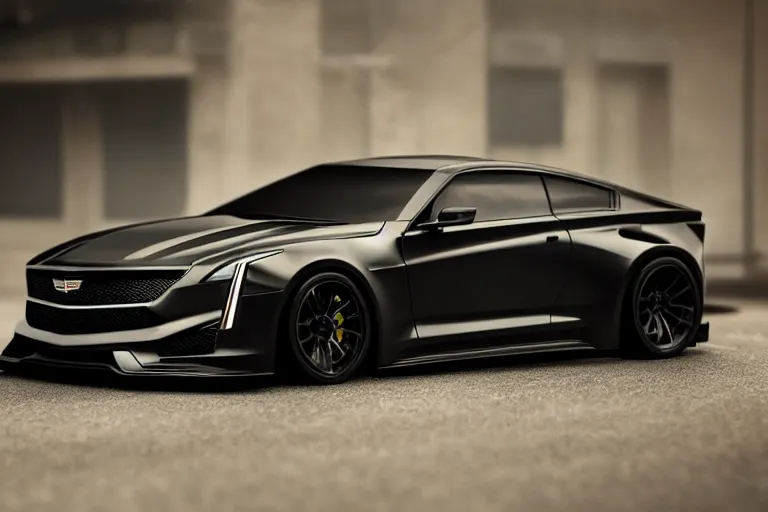 KREA - black cadillac blackwing 2023. ct5-v GT3 Performance modified large  spoiler, big front lip, wide bodied, car driving on dimly lit street  overcast skies raining. headlights illuminating road, volumetric lighting  cinematic