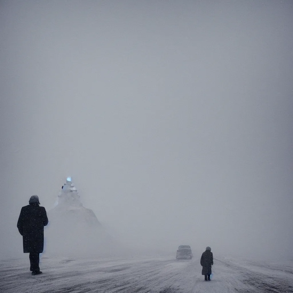 KREA photo of shiprock, new mexico during a snowstorm. a old man in a