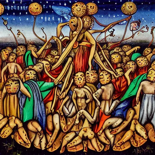 KREA biblical angels depicted as horrifying interlocking flesh wheels