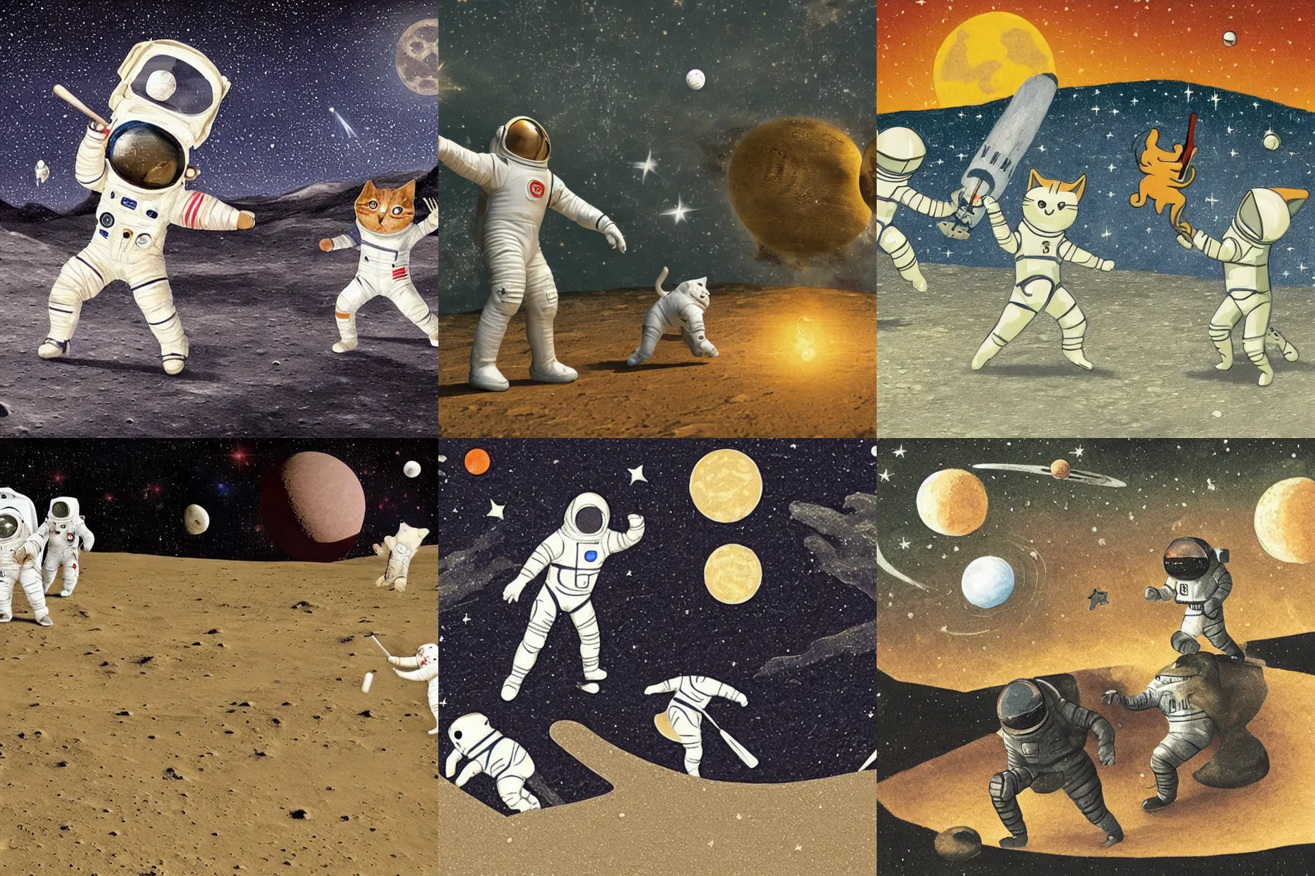 KREA A pair of 15th century astronaut cats playing baseball on the surface of the moon with a