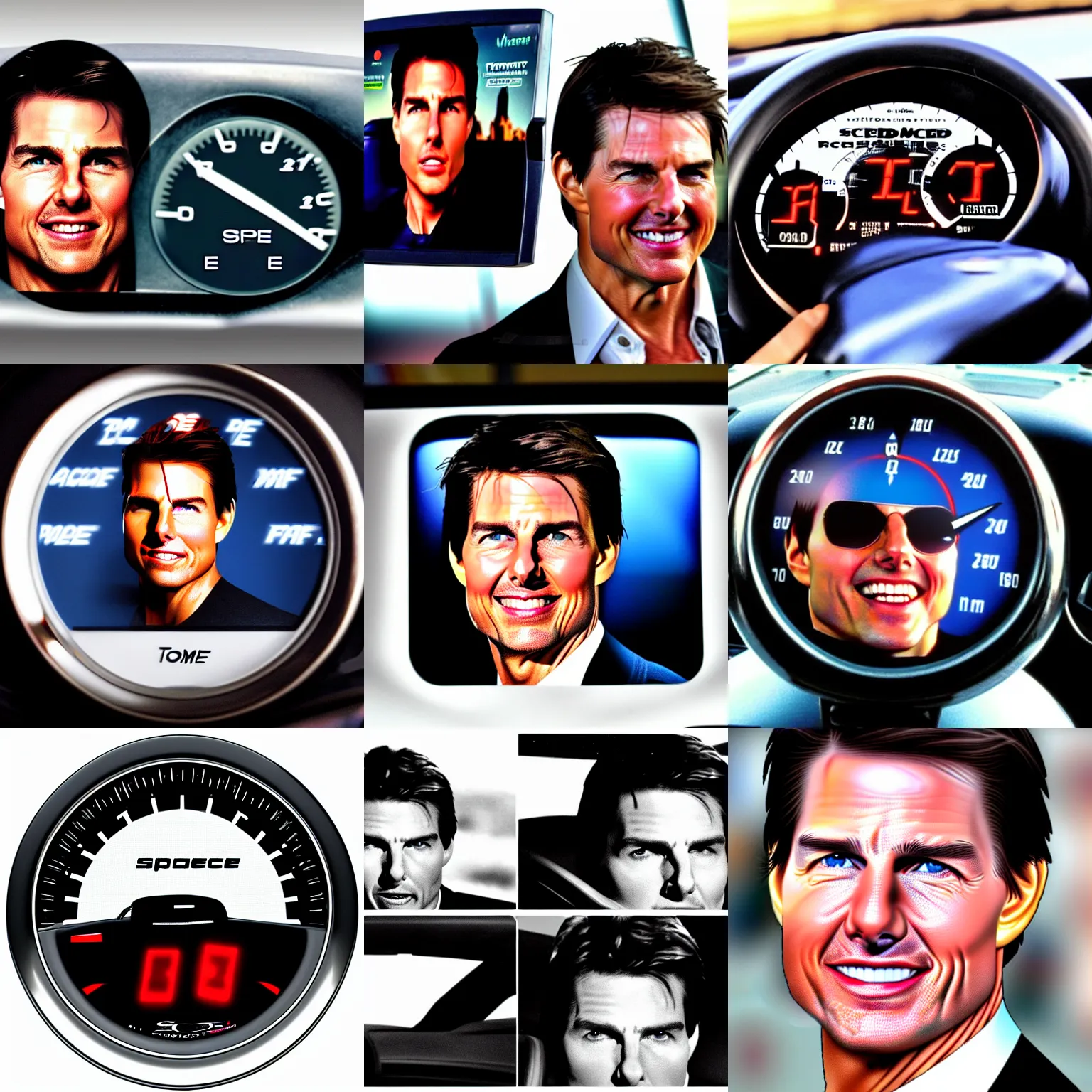 KREA tom cruise's face in a car speedometer, car speed controls with