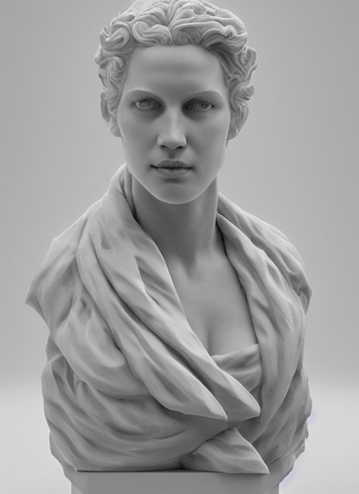 an orthographic bust white marble sculpture of scarlett Johannsen, by
