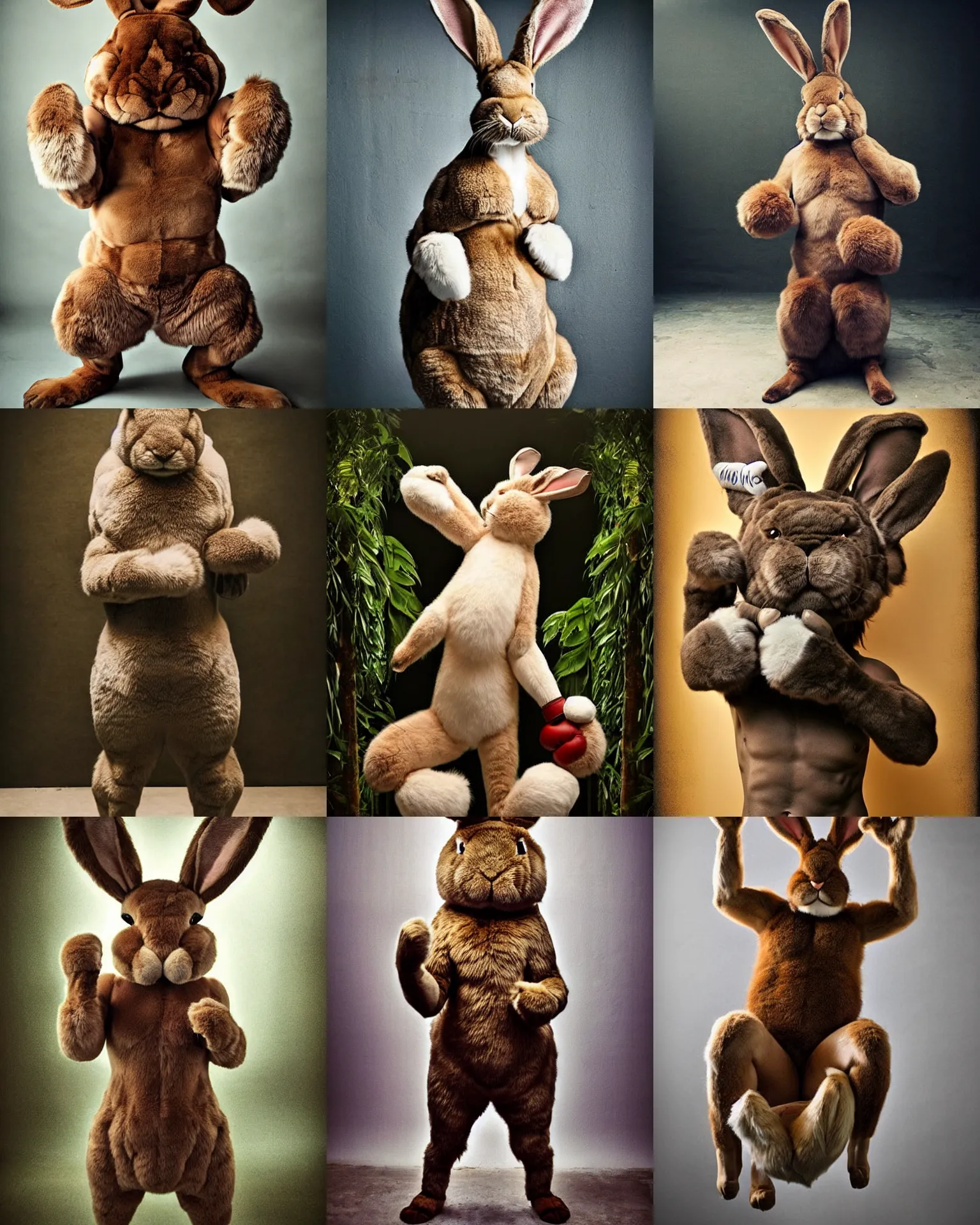 KREA winning pose !! giant oversized furry muscular rabbit boxer champion !! with big ears