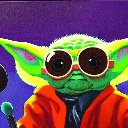 KREA a painting of baby yoda wearing sunglasses holding a microphone