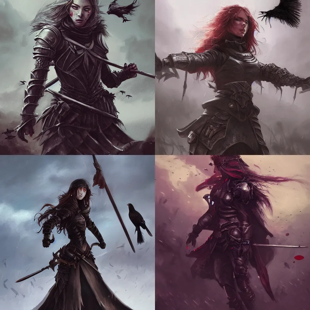 KREA exhausted female knight in a bloody battlefield, surrounded by