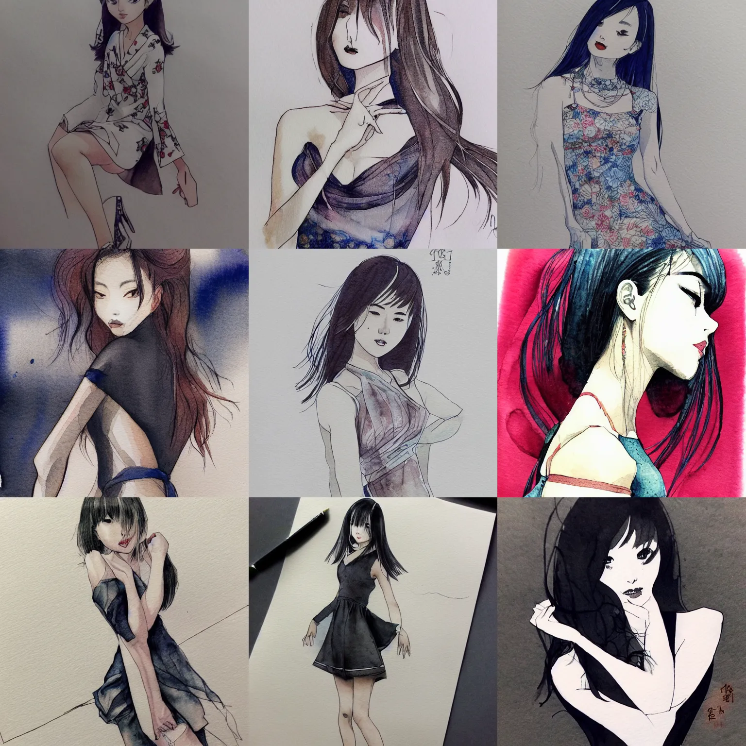 beautiful aesthetic inspirational masterful professional ink pen and watercolor sketch of a japanese girl posing in beautiful aesthetic inspirational masterful professional ink pen and watercolor sketch of a japanese girl posing in