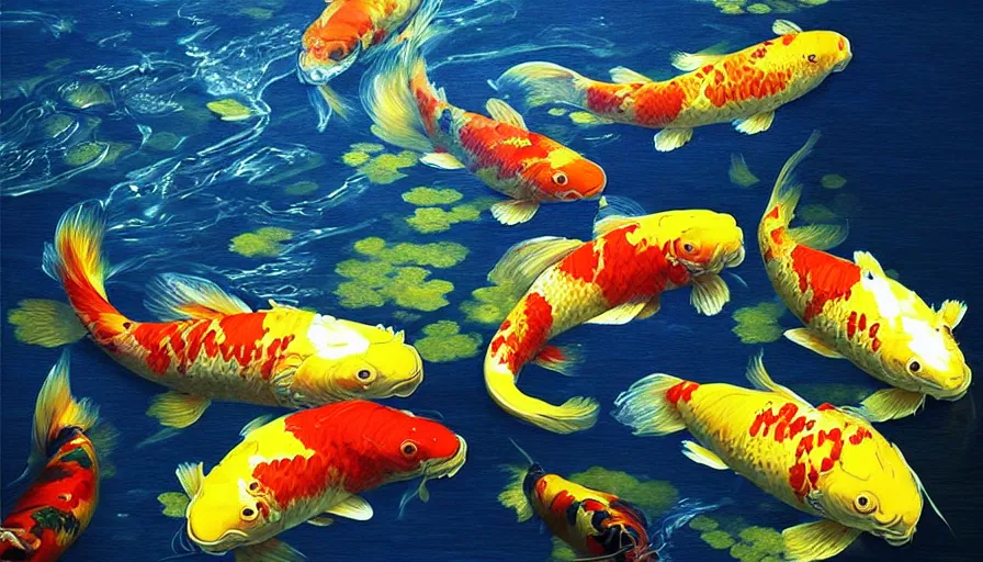 golden glowing koi! fish swims in magical water with caustics and volumetric lighting, photorealistic painting golden glowing koi! fish swims in magical water with caustics and volumetric lighting, photorealistic painting