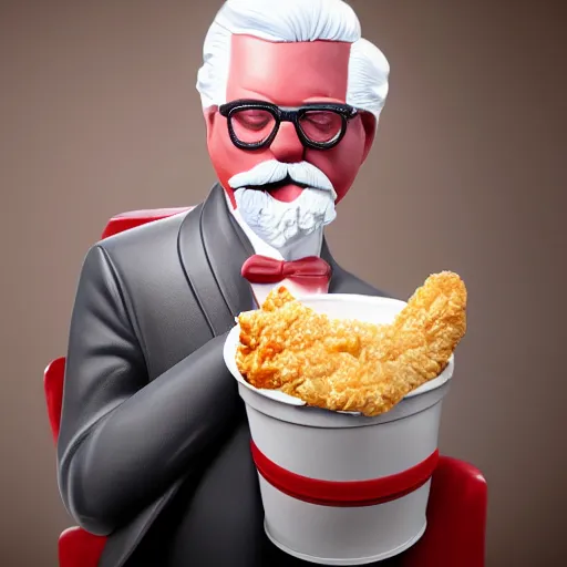 KREA Colonel Sanders eating a bucket of KFC, realistic, 8k, detailed
