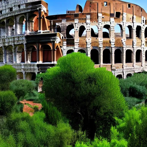 KREA a photo of the colosseum of Rome invaded by vegetation, even the