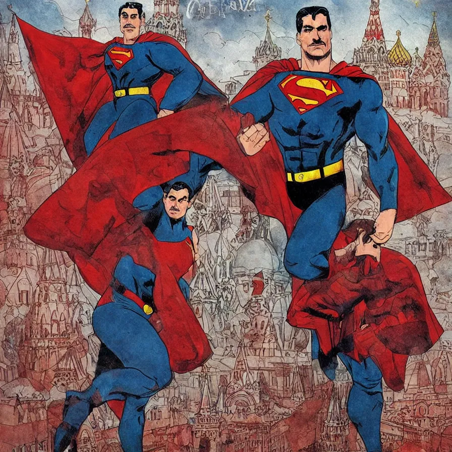 epic comic book cover of stalin as superman floating over the red