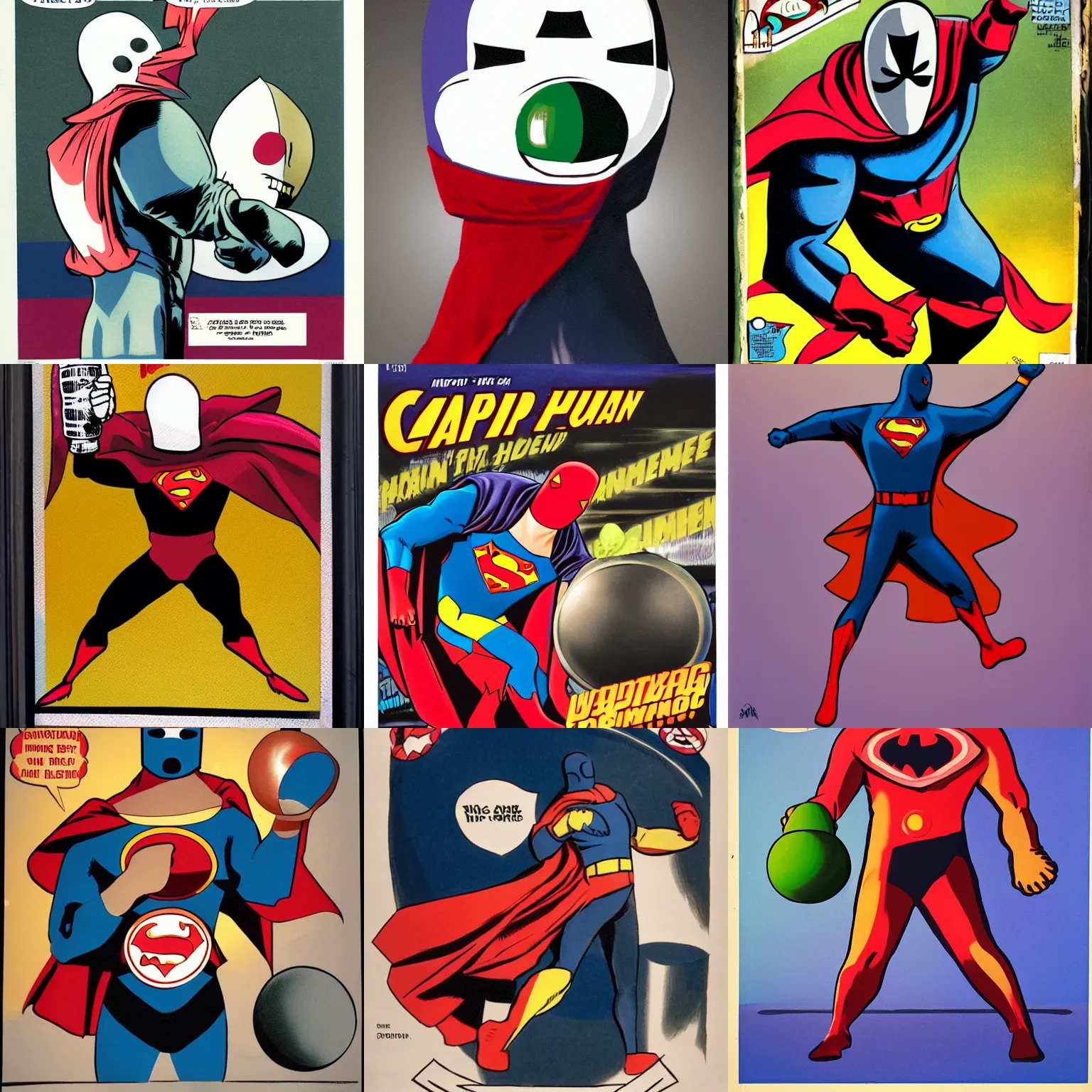 KREA caped superhero with a bowling ball for a head and no face