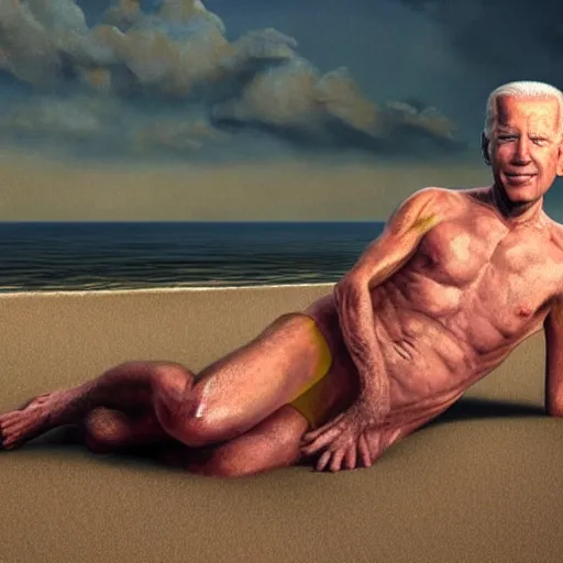 KREA - hyperrealistic mixed media high resolution painting of a Joe Biden  posing on a beach wearing a bikini, body of old man, stunning 3d render  inspired art by István Sándorfi and