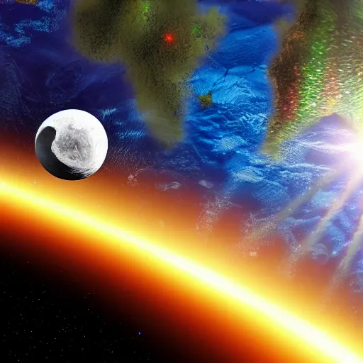 KREA giant disco ball in space attacking earth, destroyed moon