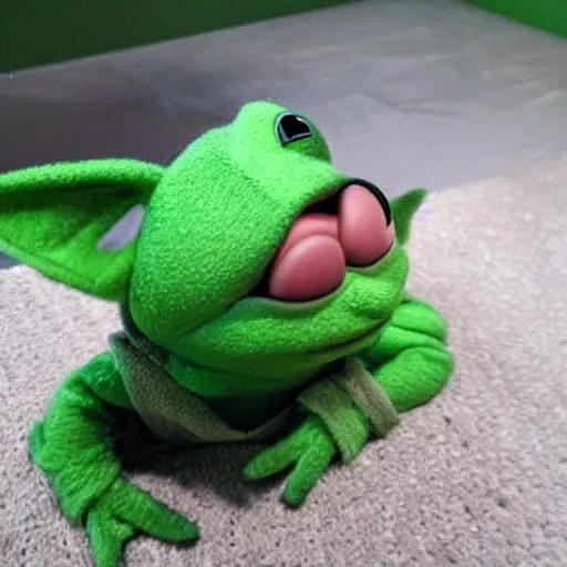 KREA baby yoda trying to eat kermit the frog,