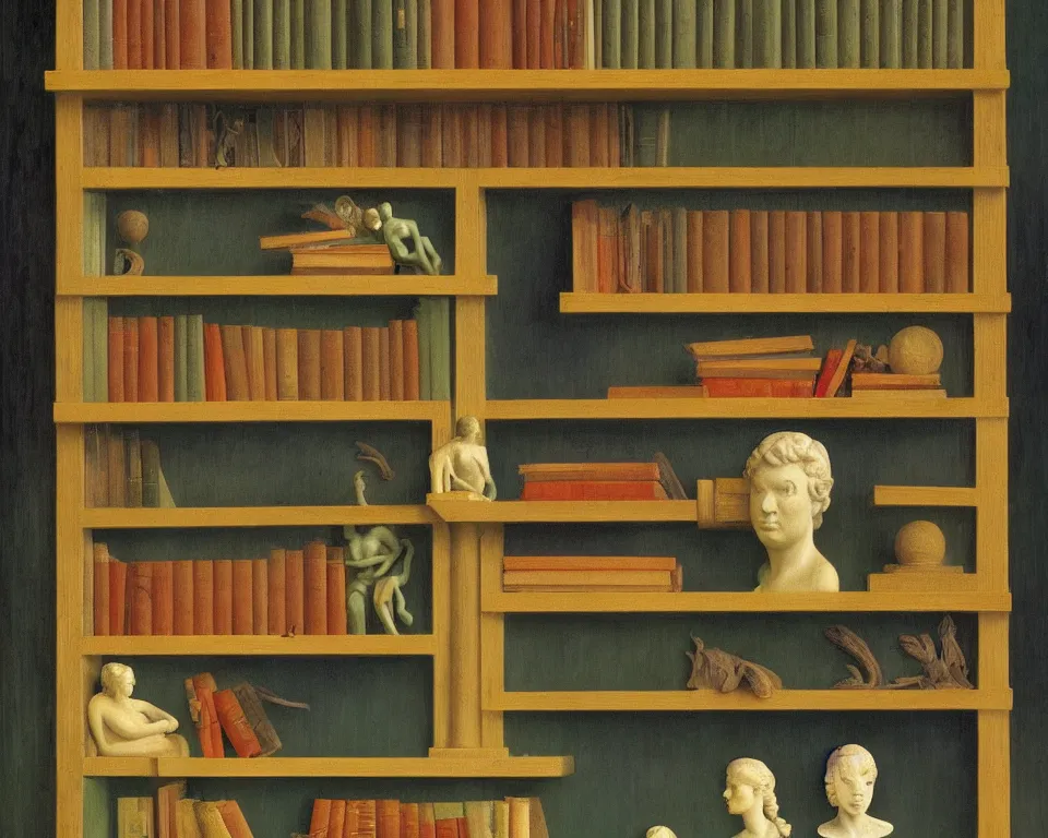 KREA one small bookshelf in the rainforest, featuring marble busts