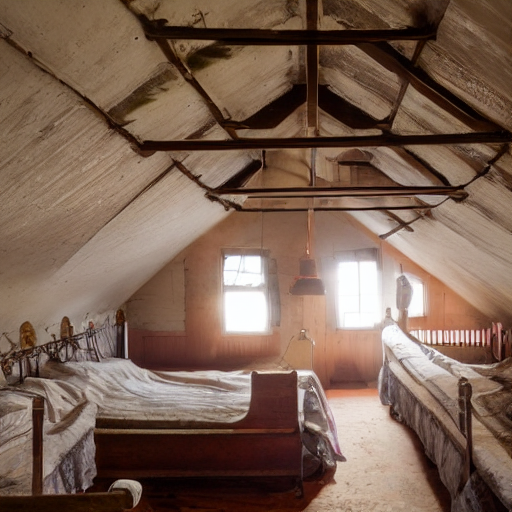 KREA a dusty attic, servants quarters, two small iron beds, 1800s