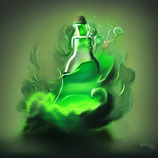 KREA a glass bottle with a green liquid inside, a green cloud of