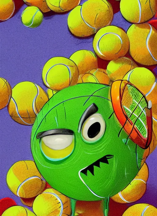 KREA tennis ball monsters playing tennis, a tennis ball monster