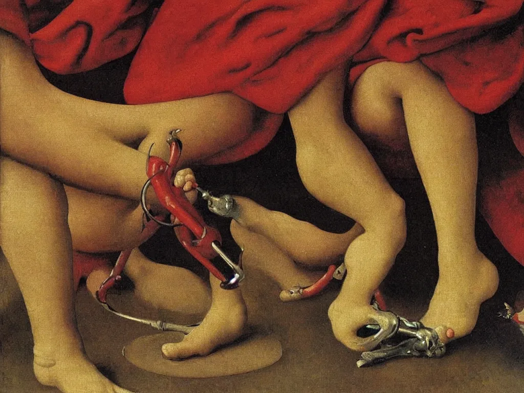 KREA - close up of a hairy foot squishing painting tubes. painting by jan  van eyck, fellix vallotton, yves tanguy, monet