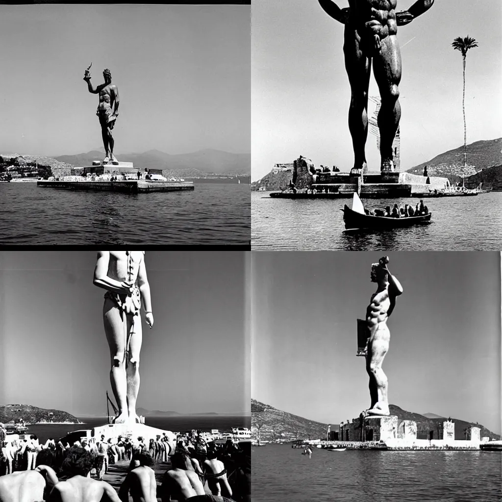 KREA the colossus of rhodes statue standing above the greek harbor