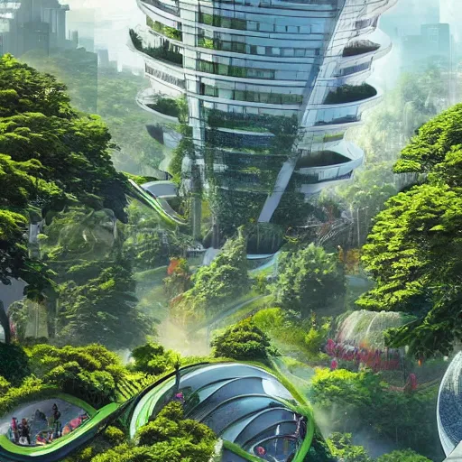 Solarpunk city with lush greenery and glowing sun