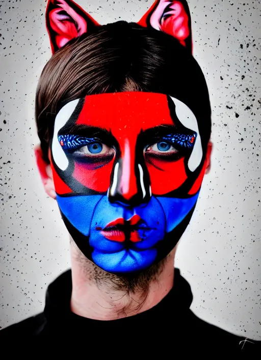 KREA high fashion model, black balaclava!!!!!, balaclava, red and