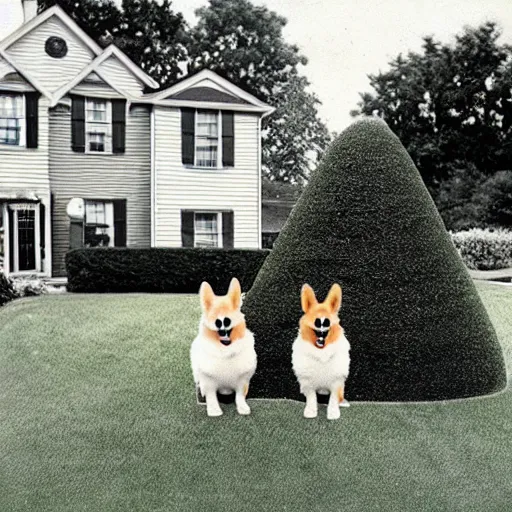 KREA - corgi topiary in front of a suburban home, beautiful vintage