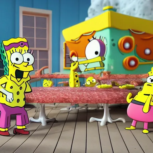 KREA hyperrealistic!! spongebob!! eating at the krusty krab, stunning